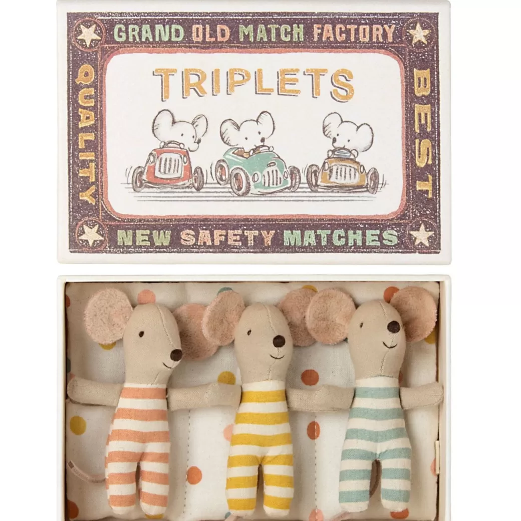 Maileg Stuffed Animals>Baby Mice Triplets In A Matchbox