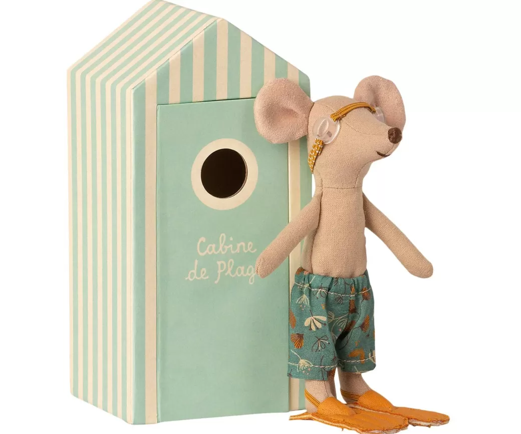 Maileg Stuffed Animals>Big Brother Mouse In A "Cabin De Plage" Cabana