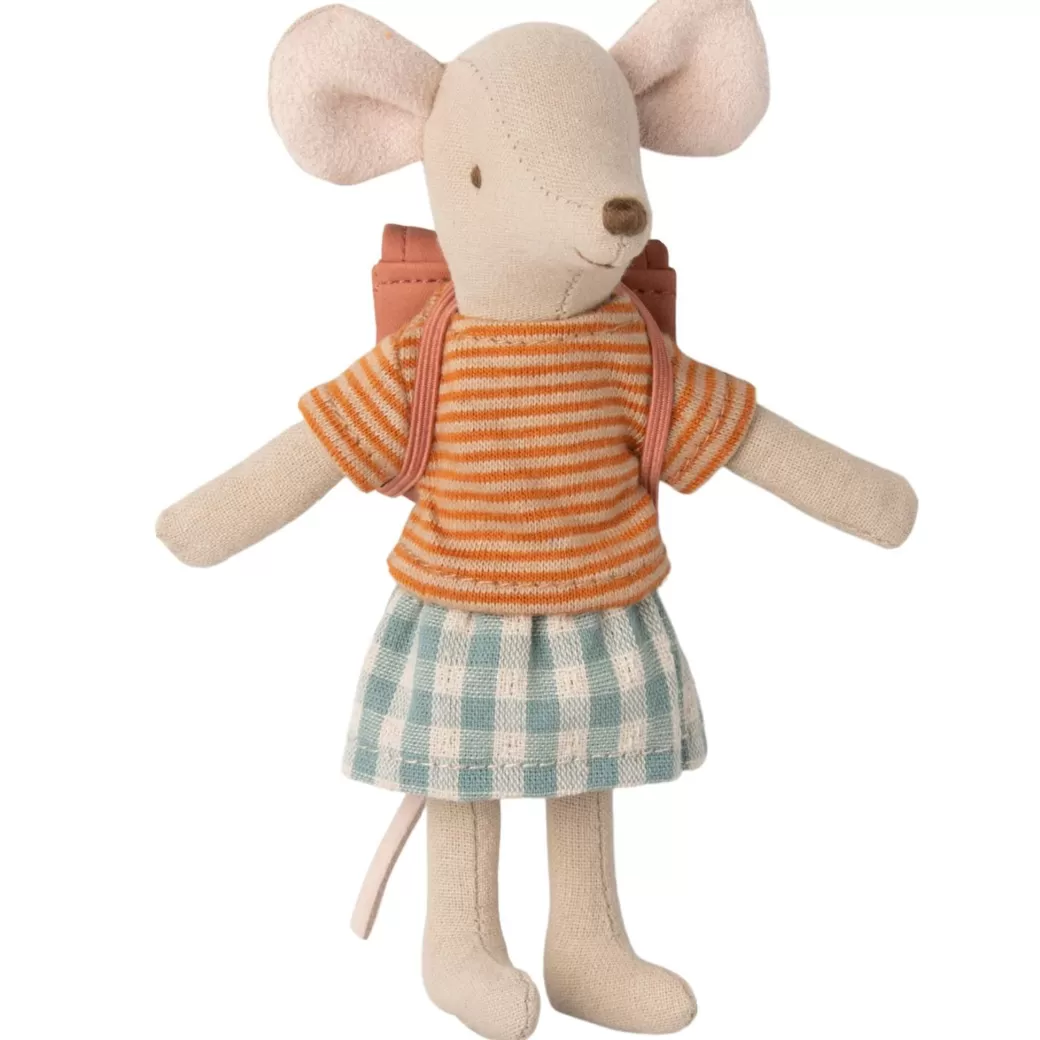 Maileg Stuffed Animals>Big Sister Tricycle Mouse With A Backpack - Old Rose