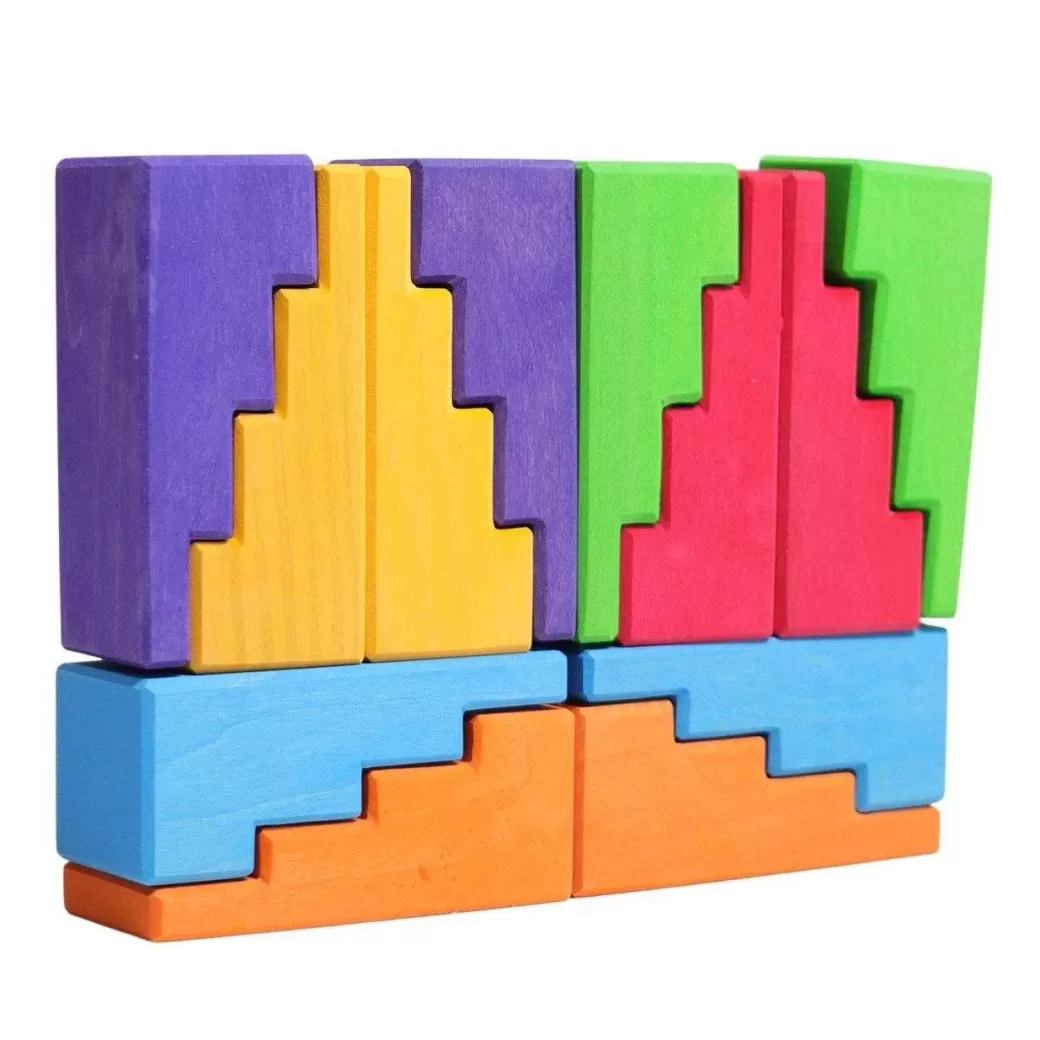 Grimm's Spiel & Holz Wooden Blocks>Grimm's Wooden Stepped Roofs Building Blocks Set - Rainbow