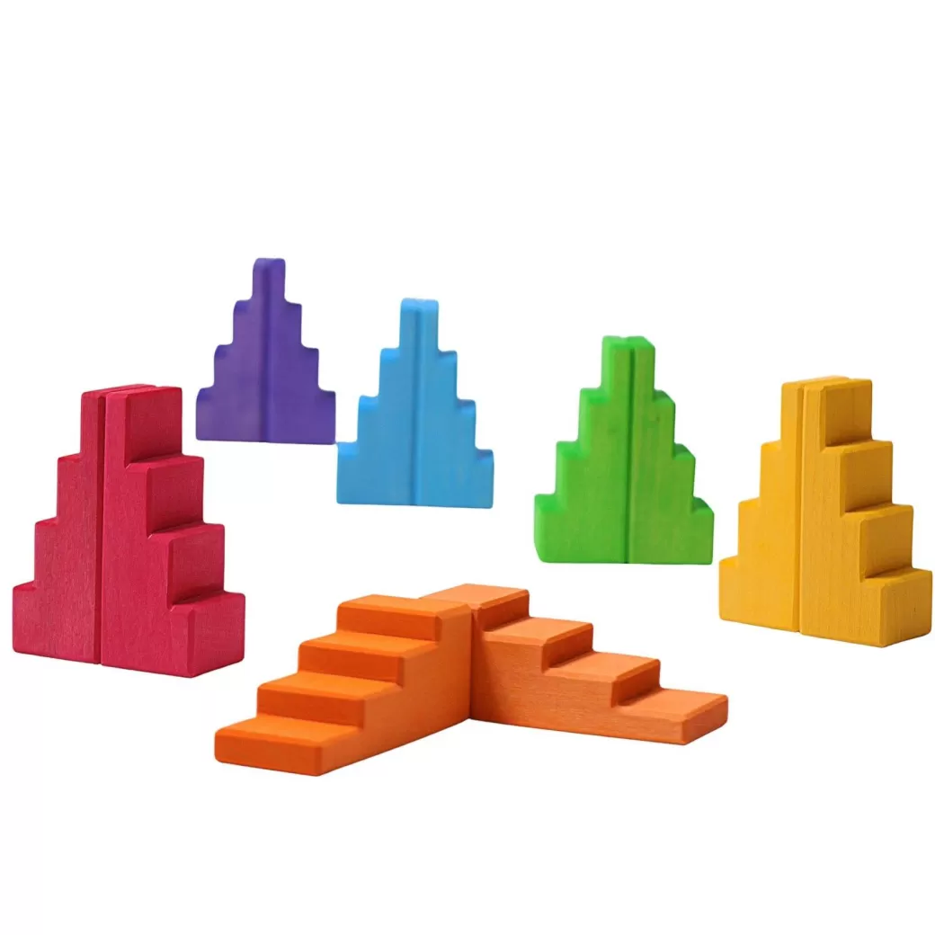 Grimm's Spiel & Holz Wooden Blocks>Grimm's Wooden Stepped Roofs Building Blocks Set - Rainbow