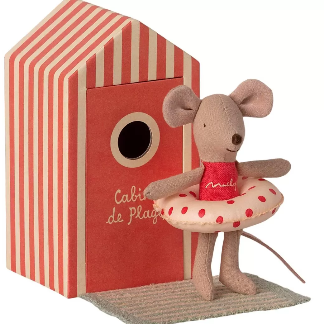 Maileg Stuffed Animals>Little Sister Mouse In A "Cabin De Plage" Cabana