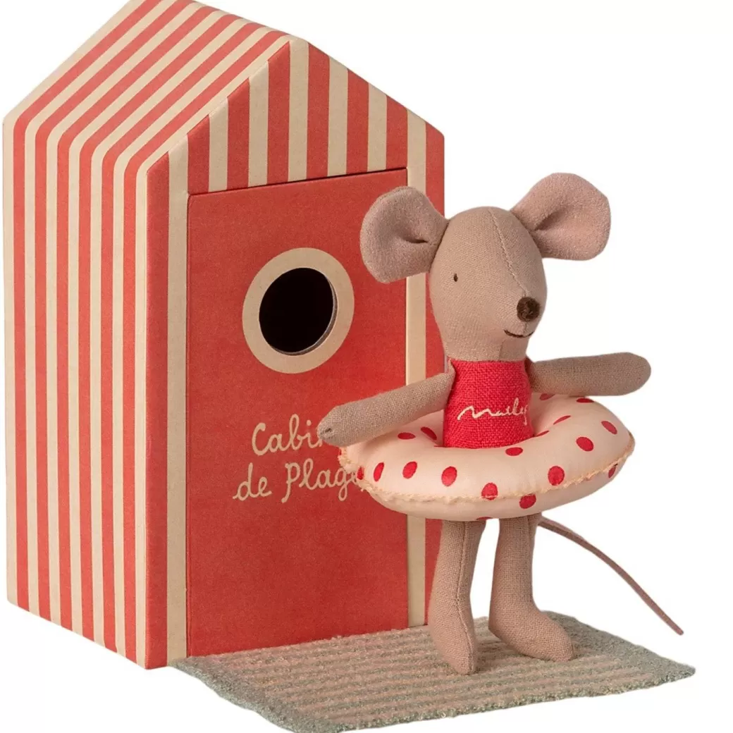 Maileg Stuffed Animals>Little Sister Mouse In A "Cabin De Plage" Cabana