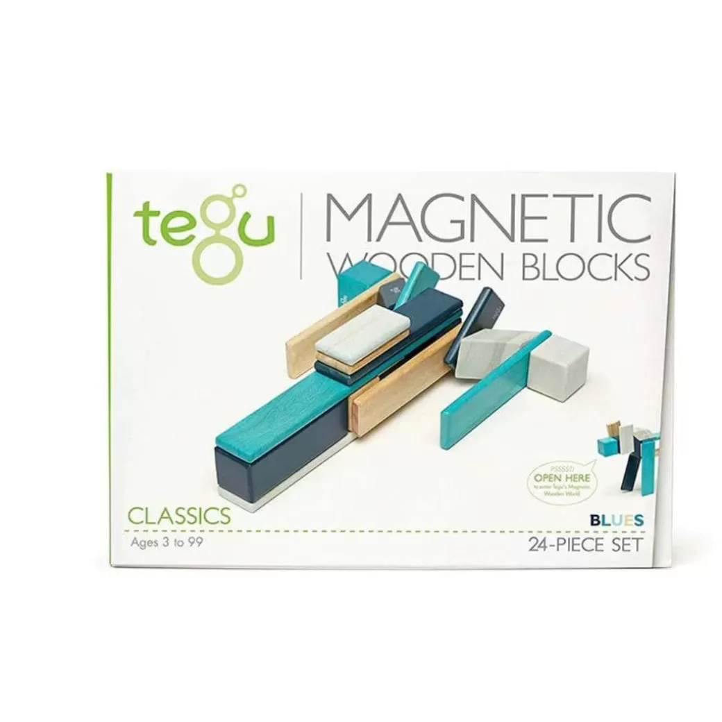 Tegu Magnetic Blocks>Magnetic Wooden Blocks - 24 Piece Set Blues