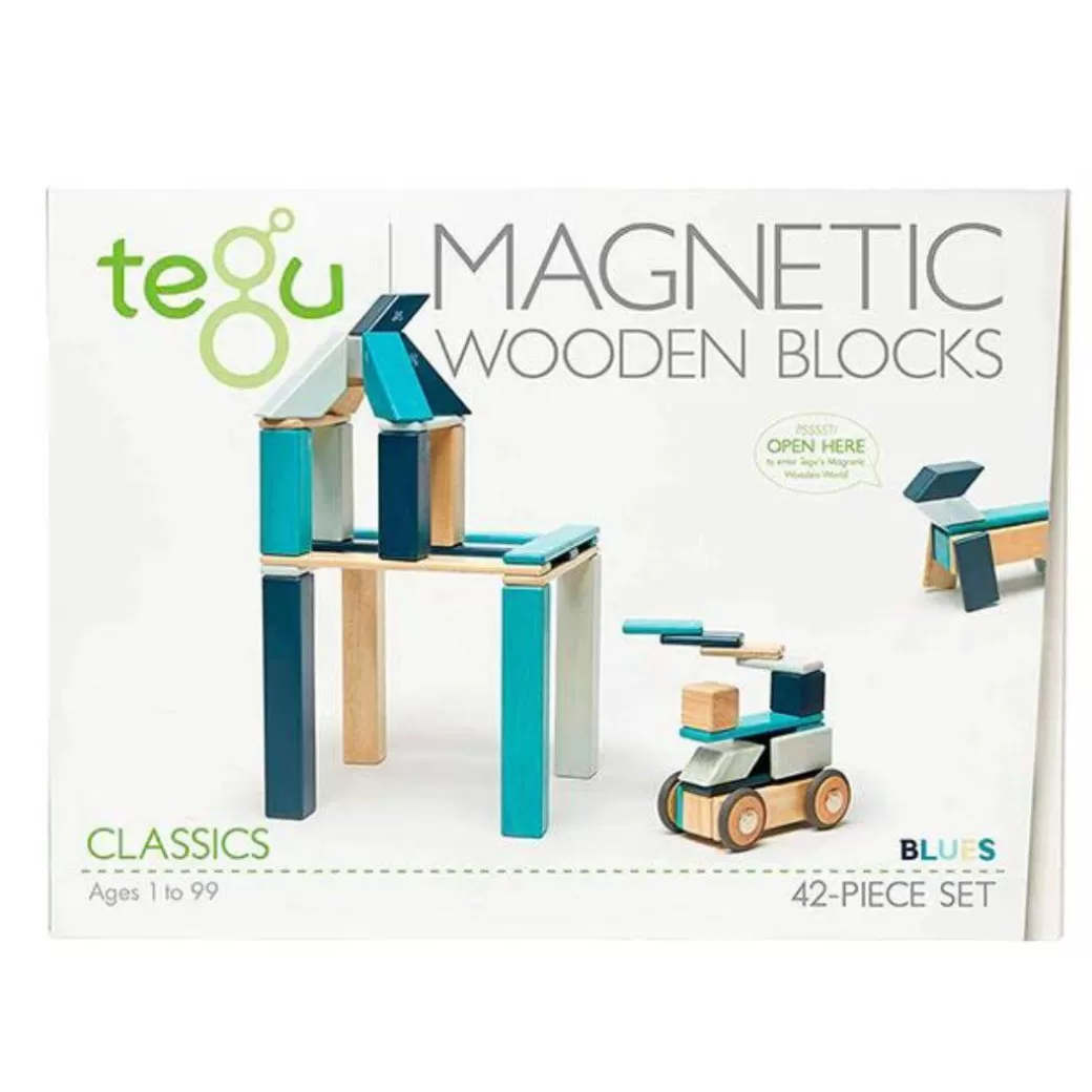 Tegu Magnetic Blocks>Magnetic Wooden Blocks - 42 Piece Set Blues