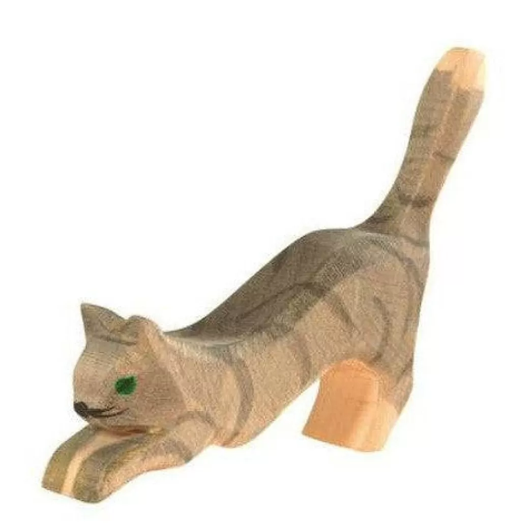 Ostheimer Wooden Figures> Cat, Gray Striped, Jumping