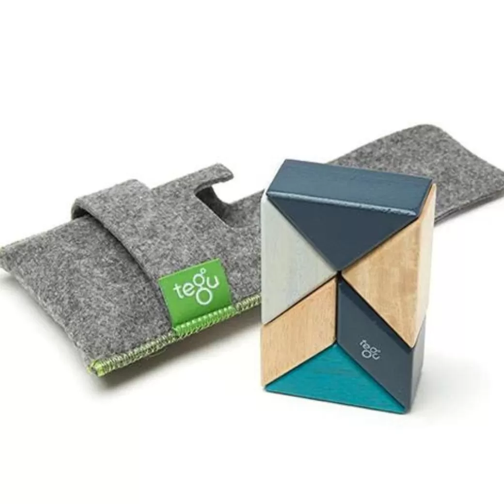 Tegu Magnetic Blocks>Pocket Pouch Prism Wooden Magnetic Blocks - Blues