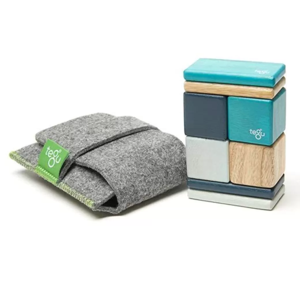 Tegu Magnetic Blocks>Pocket Pouch Wooden Magnetic Blocks - Blues