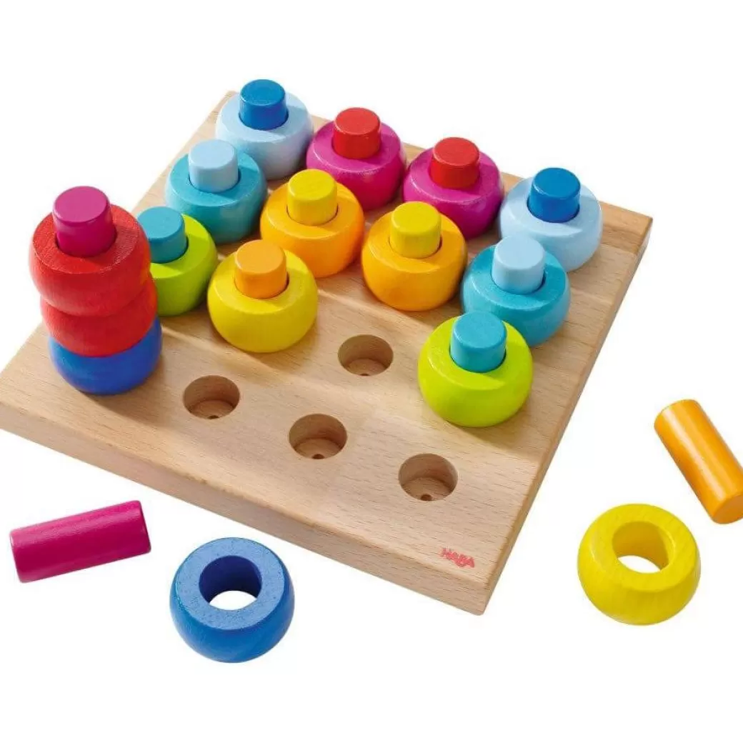 HABA Stacking & Sorting>Rainbow Whirls Pegs & Rings Game