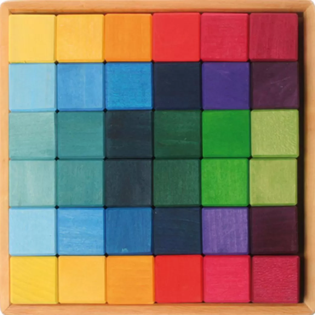 Grimm's Spiel & Holz Wooden Blocks>Rainbow Wooden Cubes - 36 Blocks With Tray