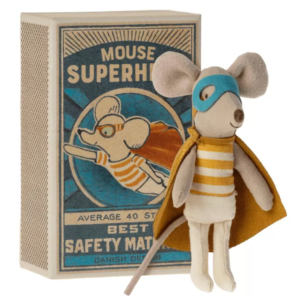 Maileg Stuffed Animals>Superhero Little Brother Mouse In A Matchbox