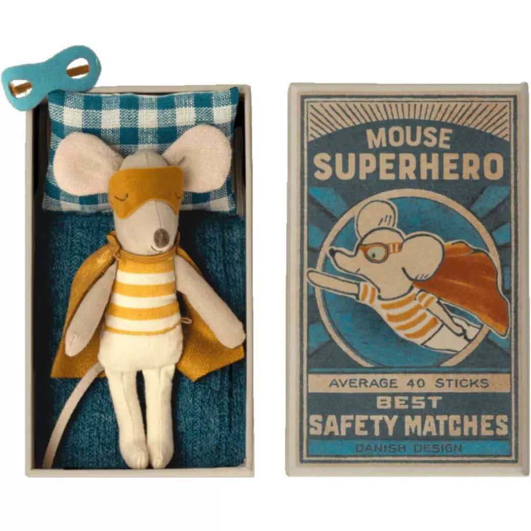 Maileg Stuffed Animals>Superhero Little Brother Mouse In A Matchbox