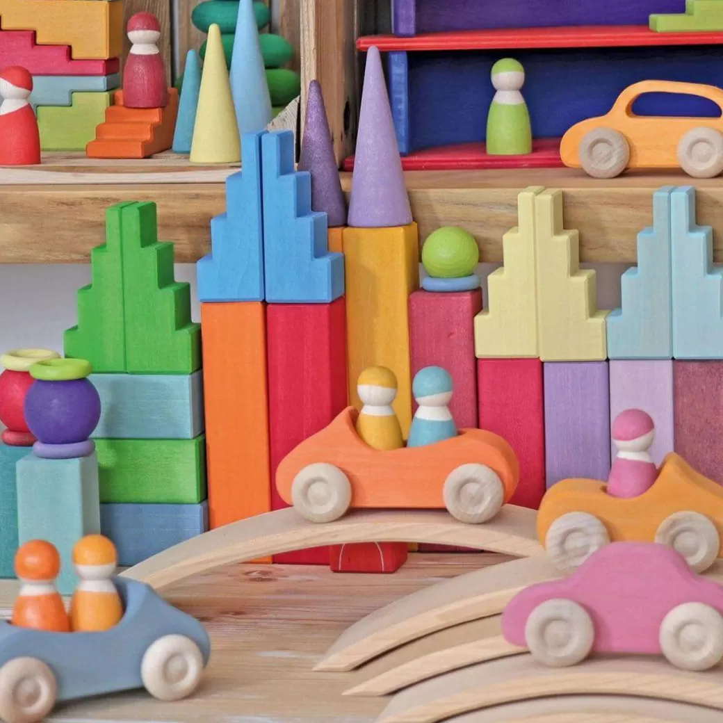 Grimm's Spiel & Holz Wooden Blocks>Wooden Stepped Roofs Building Blocks Set - Pastel