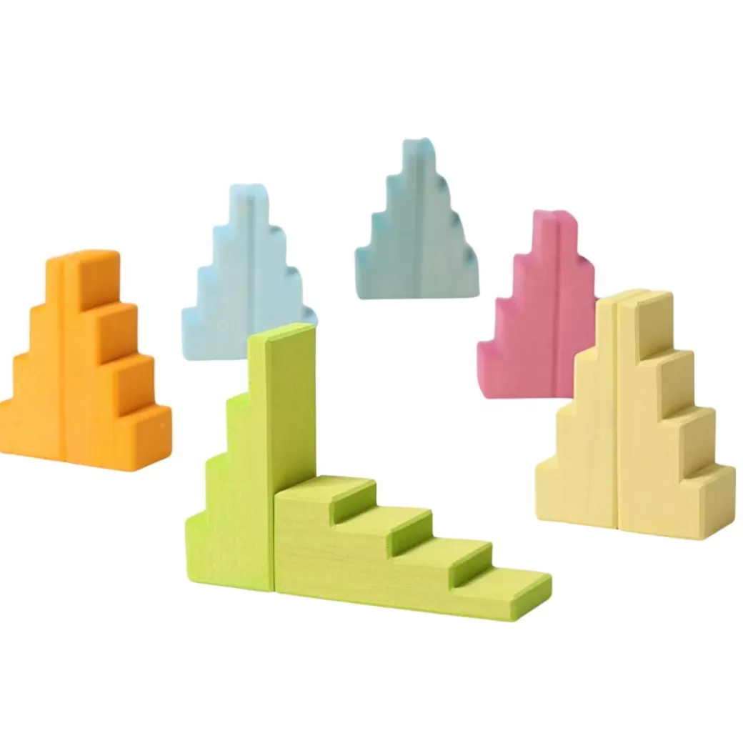 Grimm's Spiel & Holz Wooden Blocks>Wooden Stepped Roofs Building Blocks Set - Pastel