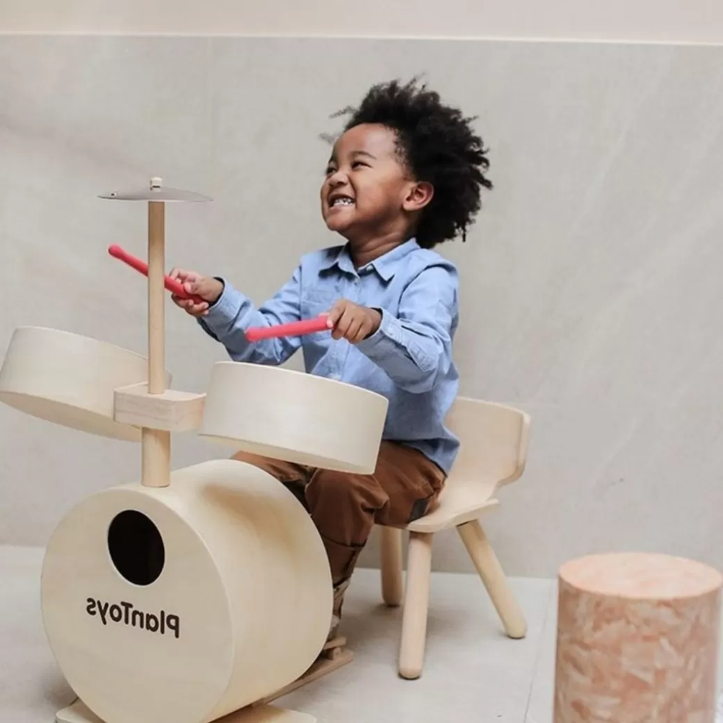 PlanToys USA Musical Toys>Wooden Toy Drum Set With Cymbals