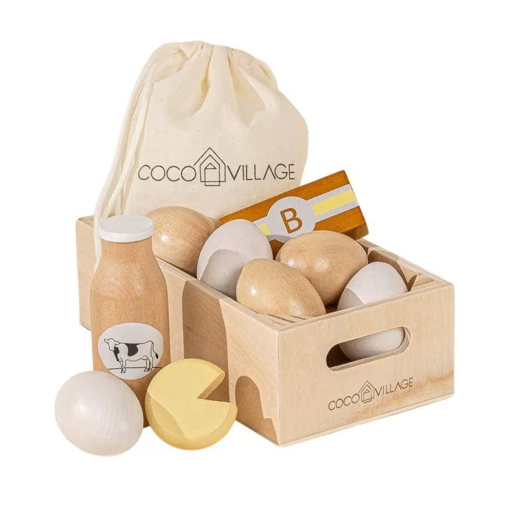 Coco Village Kitchen & House Play>Wooden Toy Eggs & Dairy Play Food Set